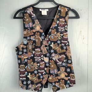 Vintage Tapestry Christmas Bears Vest Womens Petite Medium PM Black Cottagecore‎